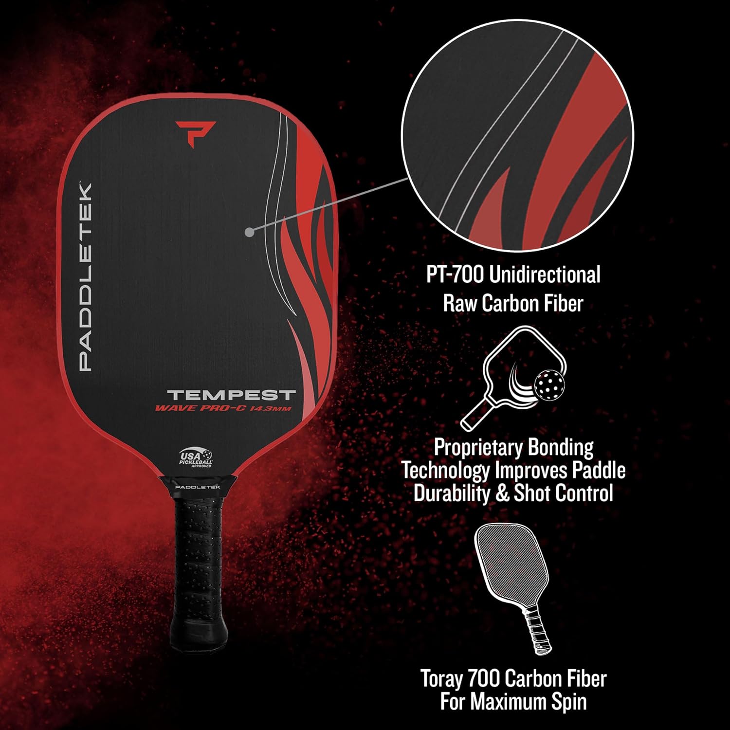 Paddletek Tempest Wave PRO-C 14.3mm - USAPA Approved Pickleball Paddles with Polymer Honeycomb Core - PT-700 Unidirectional Carbon Fiber – Torsional Weighting & High Tack Performance Grip