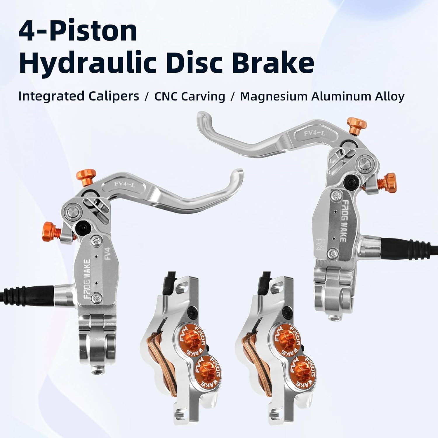 4 E4 Bike Disc Brake Kit MTB Brakes Set with 180mm Rotors,Left Front 950mm & Right Rear 1650mm Aluminum Alloy Lever Adapter for Folding Bike/Scooter/Fat Bike(Vertical Cylinder Version Silver)
