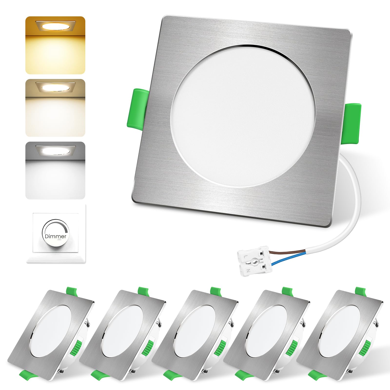 ALUSSO 6 Faretti LED da Incasso Piazza,4W 310LM Dimmerabile luci ultrasottili da soffitto e per l’illuminazione da interno,Lampada Bianco Caldo 3000K Bianco Neutro 4000K Bianco Freddo 6500K da Incasso