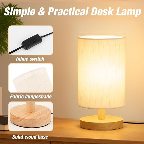 Desk Lamp LED Bulb Included, Small Bedside Table Lamp Plug-in - Classic Wood Base with Flaxen Fabric Shade, Lamps for Night Stands, Simple Nightstand Light for Bedroom, Office, Desk