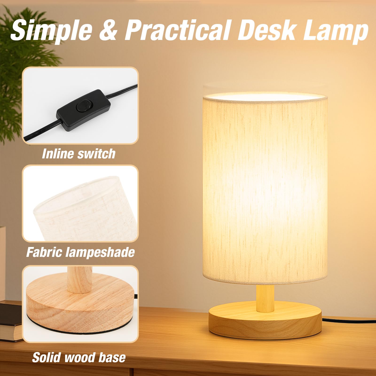 Schreibtischlampe LED Birne inklusive, kleine Nachttischlampe Plug-in - Klassischer Holzsockel mit Lampenschirm aus Flachsstoff, Lampen für Nachttische, einfaches Nachttischlicht für