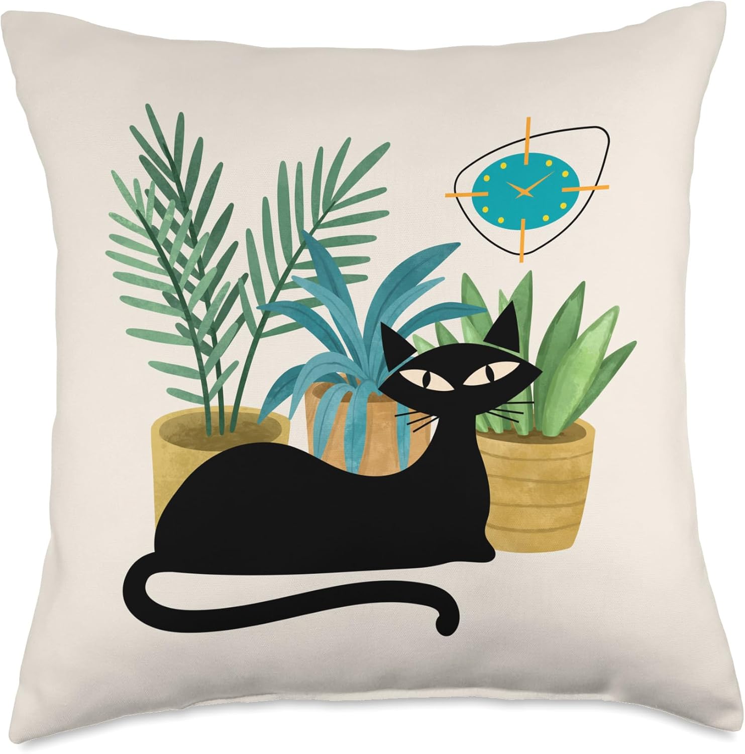 Cat Botanical Theme Midcentury Atomic Age Modern Mid Century Throw Pillow