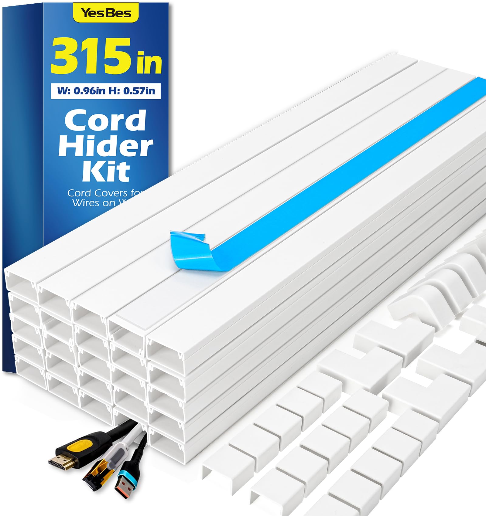 315in Cord Hider Kit, Paintable Cable Raceway, Cord Covers for Wires on Wall, Cord Hider for Wall Mount tv, tv Cable Hider Wall kit, Wire Covers for Cords, 20X L15.7in X W0.96in X H0.57in, White