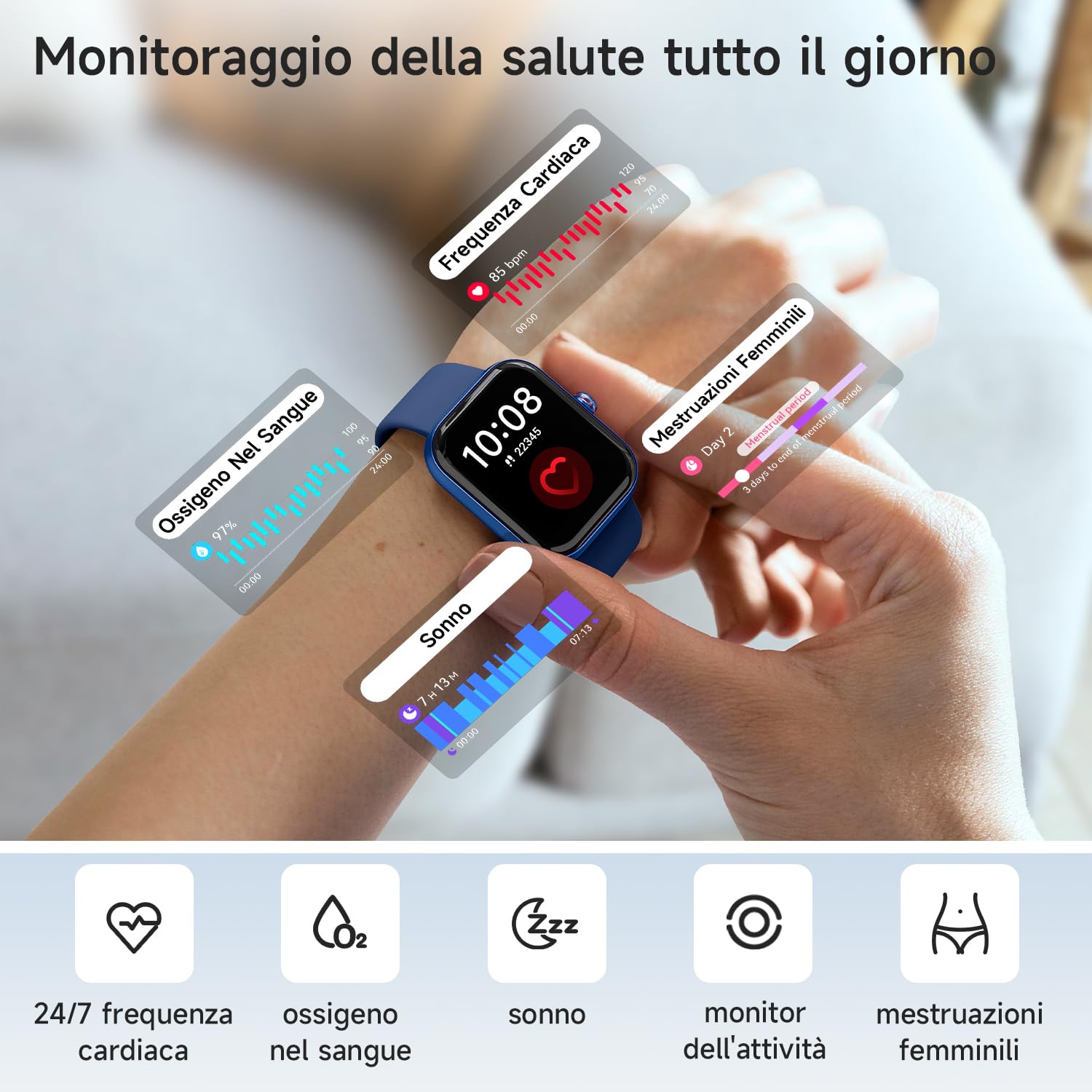 WMK Smartwatch Uomo Orologio Fitness con Rispondere effettuare Chiamate Cardiofrequenzimetro Sonno Alexa SpO2 Contapassi-IP68 Smart watch donna con 110+ Sportive Giochi per iOS Android(Blu)