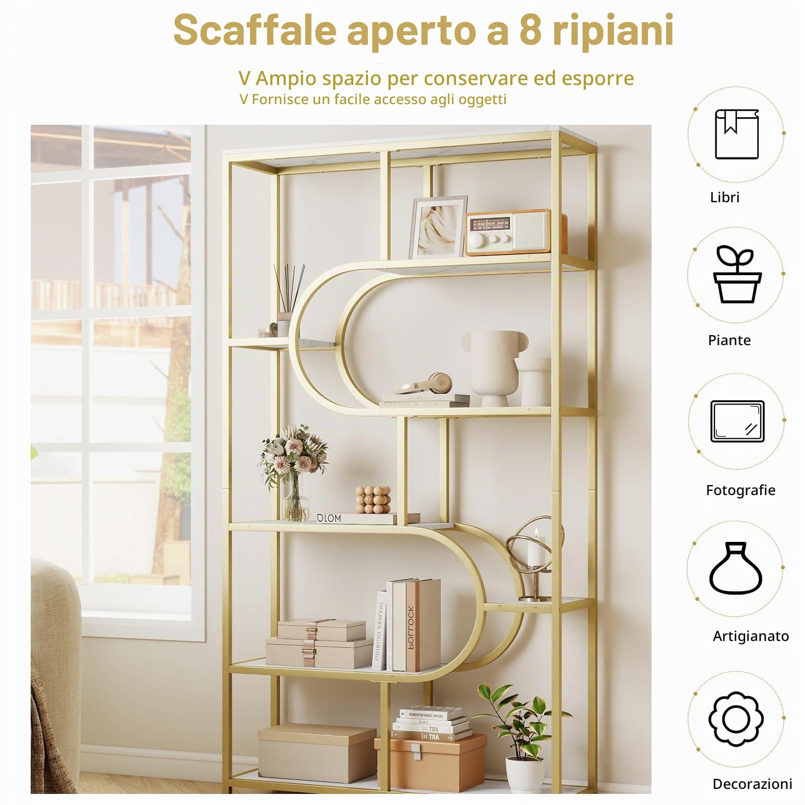 HOMASIS Libreria a Multi Livelli in Legno a Forma di Mezzaluna, Mensola da Parete con Ripiani Aperti, Scaffale Contenitore per Soggiorno, Ufficio (Bianco, Modello 1, 95 x 30 x 175 cm)