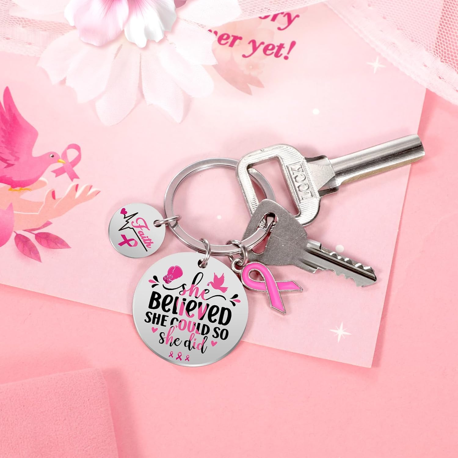 Konsait Breast Cancer Keychain, Breast Cancer Survivor Gifts She Believed She Could So She Did Inspirational Keychains for Women Girls Pink Ribbon Accessories Inspirational Gifts Party Favor - Image 3
