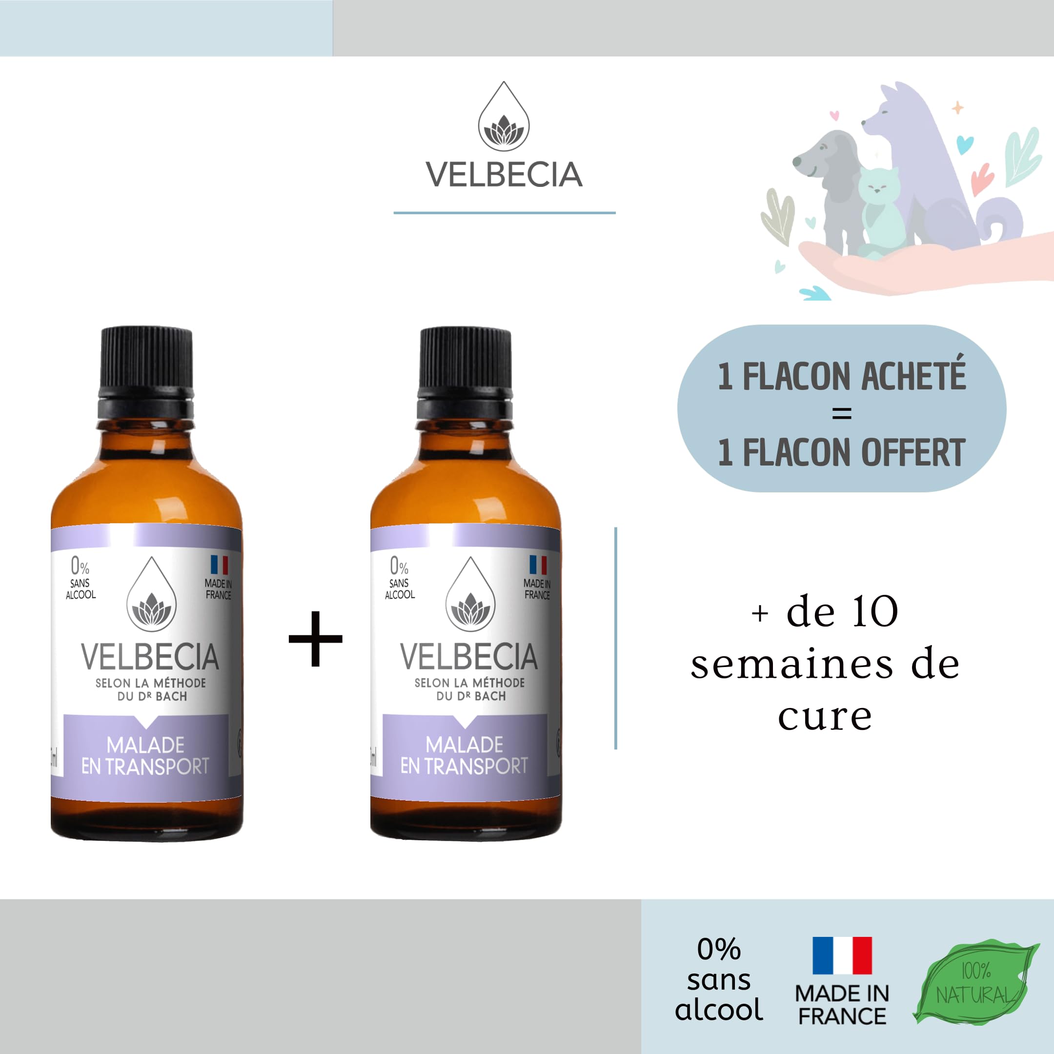 Velbecia Animal Malade en voiture 50ml +1 OFFERT Elixirs de fleurs SANS ALCOOL - Méthode du Dr Bach - Voyager plus sereinement, transport paisible, apaisé, chat, chien