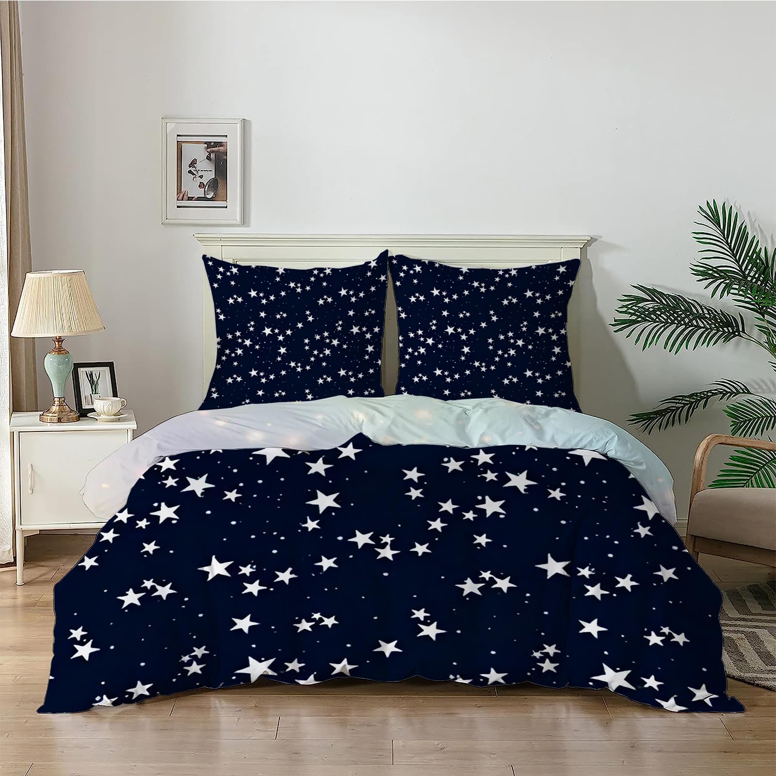 Qiwagu Navy Blue Duvet Cover Double, Soft Reversible Quilt Cover With White Stars Pattern, Double Bedding Set Microfibre With Zipper Closure, Washable Comforter Cover And 2 Pillowcases, 200X200 Cm