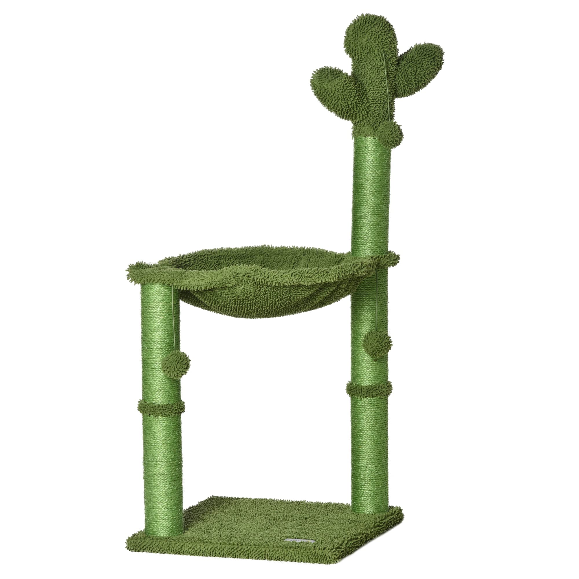PawHut Albero Tiragraffi per Gatti Adulti e Gattini a Forma di Cactus con Corda Sisal, Palline e Amaca, Altezza 96cm, Verde