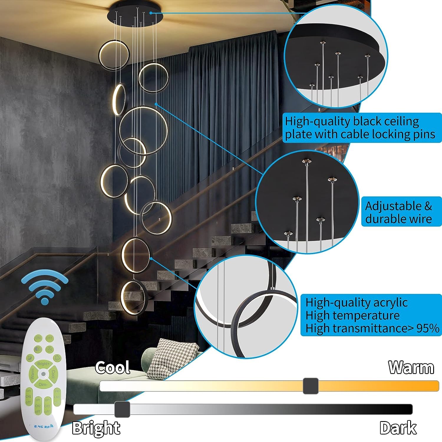 Nowoczesny żyrandol LED, ściemniana z pilotem, czarna lampa wisząca z regulacją wysokości, na schody, hol, wysoki sufit, salon (10 świateł), wyprodukowano w Chinach