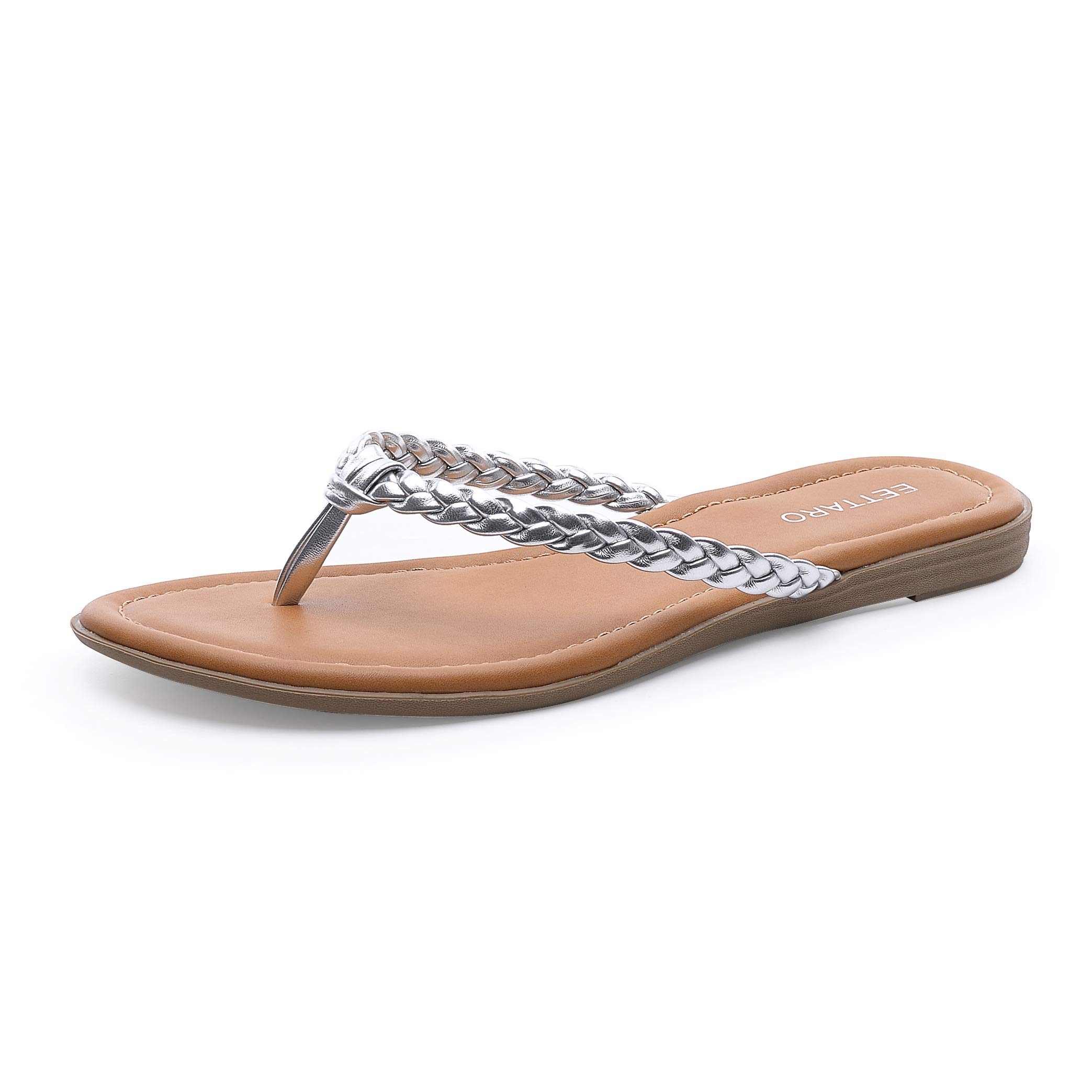 Photo 1 of EETTARO Women's Braided Strappy Thong Flip Flops Slip-On Beach Sandals Casual Plaited Leather Slippers, Size 9 Silver
