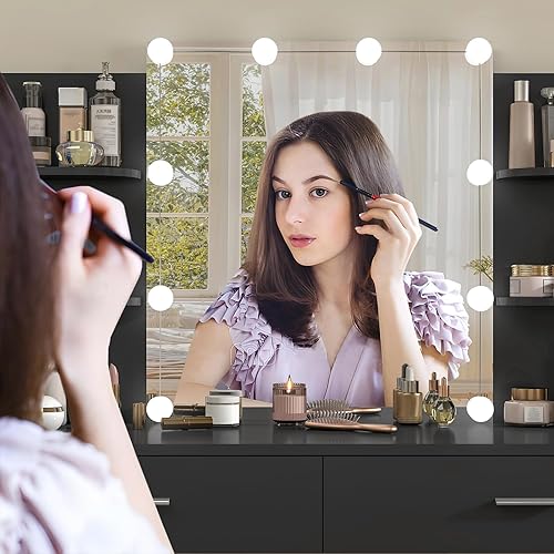 Miniatura 24 de usikey Juego de tocador grande con espejo iluminado y estación de carga, tocador de maquillaje con 4 estantes de almacenamiento y 4 cajones, 43.5"W