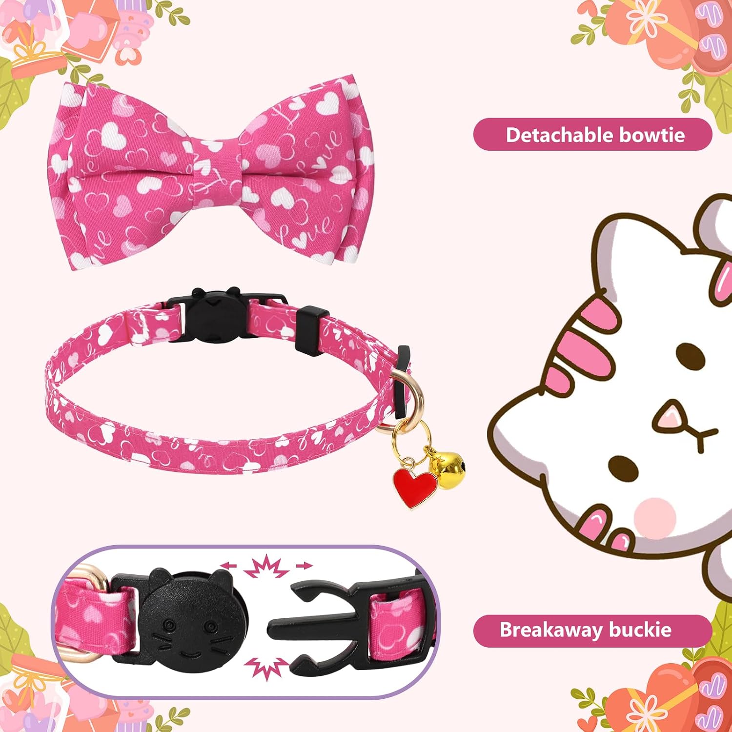 JarThenaAMCS 3Pcs Valentine' s Day St. Patrick' s Day Easter Cat Collars Adjustable Kitten Collar Heart Shamrock Bunny Bowtie Collars with Breakaway Bell Charm for Puppy Small Pet image 3