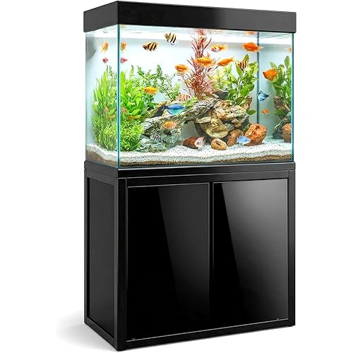 Aqua Dream 50 Gallon Freshwater Glass Aquarium with Aluminum Cabinet - All in One Fish Tank System with Sump Filtration Integrated Plumbing and LED Lighting in Black