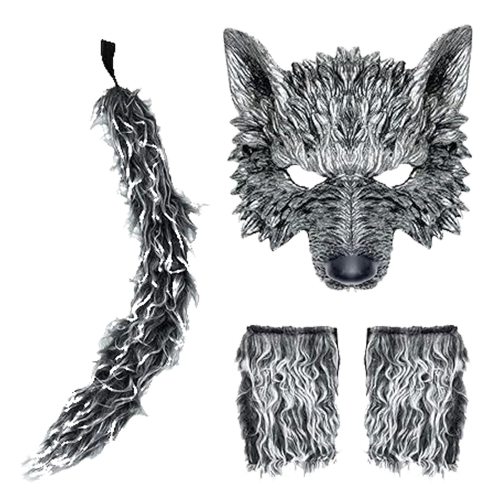 Hyuetrsa Werewolf Wolf Costume Wolf Mask with Wolf Tail and Gloves Halloween Wolf Mask Gloves and Tails Set for Women Men, Costume Party Gift for Werewolf Enthusiasts