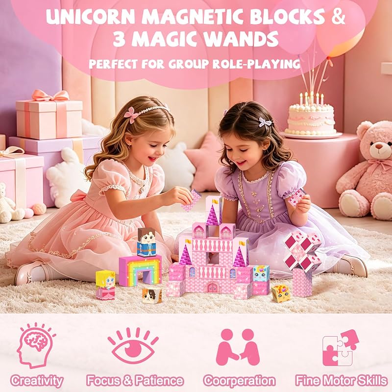 Winchoice 100PCS Magnetic Blocks Girls Pink Princess Castle – Ideal birthday and holiday gift