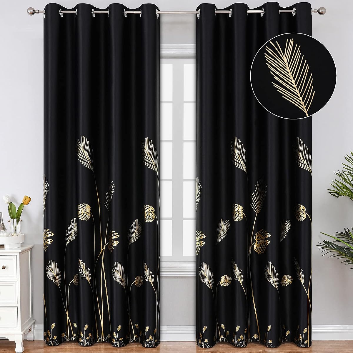 Cortinas opacas negras para dormitorio de 84 pulgadas de largo, cortinas con aislamiento térmico para oscurecer la habitación, cortinas bloqueadoras de luz con diseño de estampado dorado, 52 ancho x 84 largo, 2 paneles