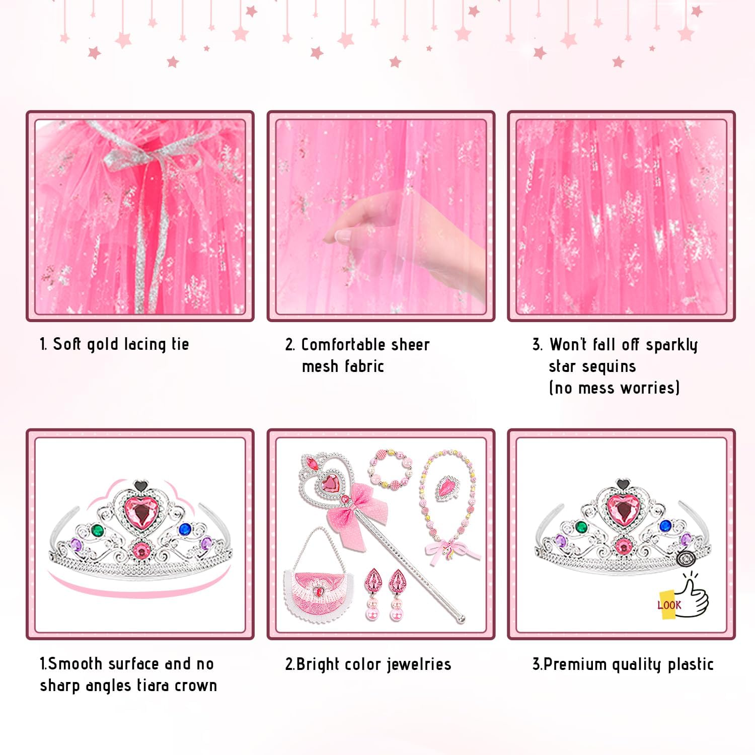 Miniatura 5 de kidzkube Ropa de princesa para niña, juego de capa de princesa con corona, vestidos de princesa para regalo de cumpleaños de niña