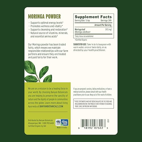Miniatura 4 de Banyan Botanicals Polvo de hoja de moringa  Certificado orgánico USDA  Moringa Oleifera  Secado al sol  Superalimento a base de hierbas crudas