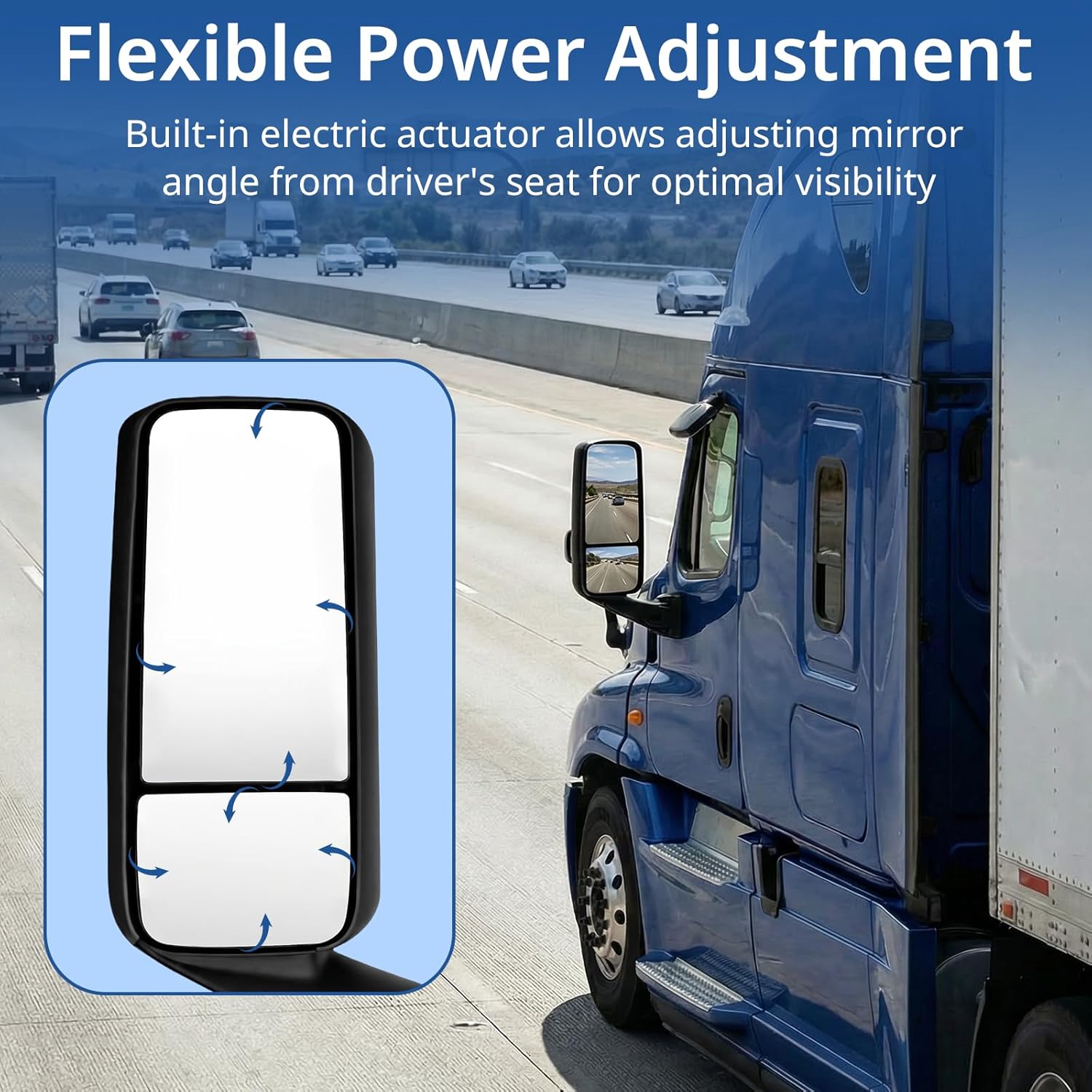 High Soar Chrome Door Mirror Assembly for 2018 2019 2020 Freightliner Cascadia, Power Heated Motorized Door Mirror Freightliner New Cascadia 2018+, Left/Driver Side