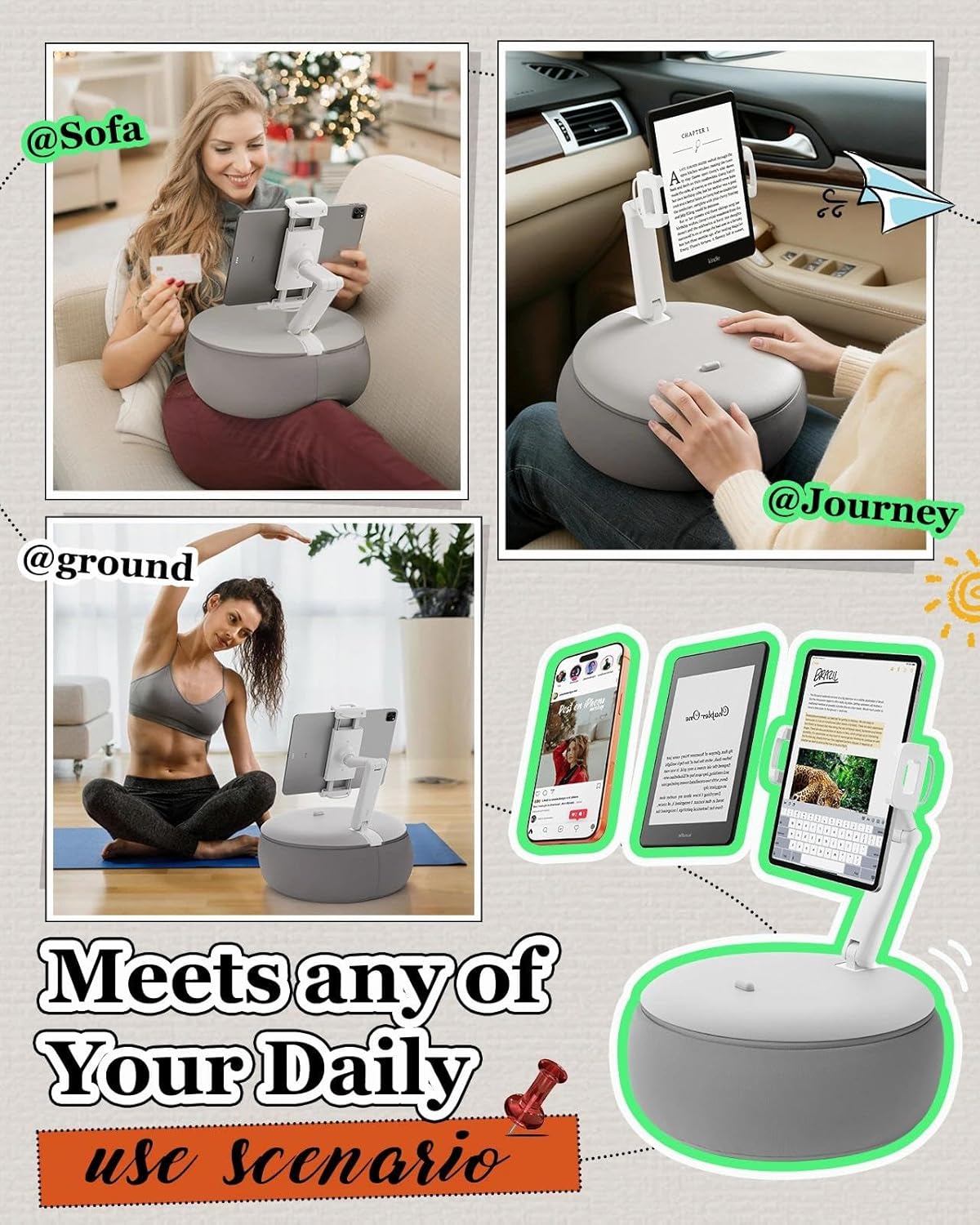 SAIJI Tablet Holder Pillow, Kindle Holder Compatible with 4.7-15.6” Kindle, Phone, Portable Monitor, 360° Adjustable Tablet Stand for Bed with Flexible Dual Axis Arm&Microbead Cushion (Grey) - Image 3