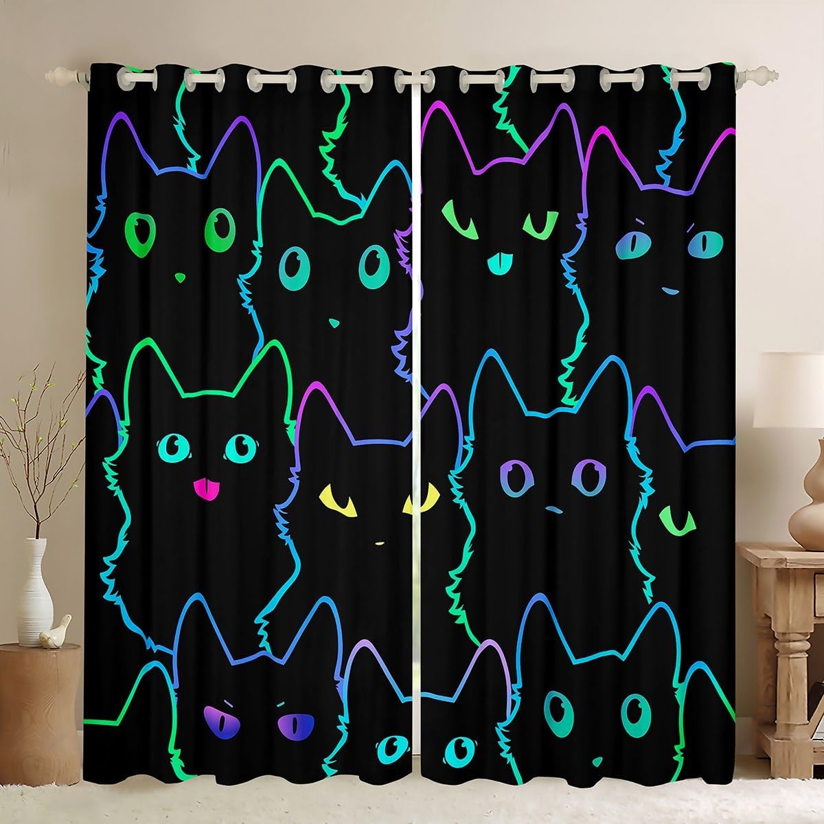 Erosebridal Neon Black Cat Curtains for Girls Kids Boys,Colorful Funny Cat Curtains & Drapes Kawaii Living Room Decor,Cartoon Cats Curtains Blackout Gradient Line Window Curtain 2 Panels 38" Wx45 L