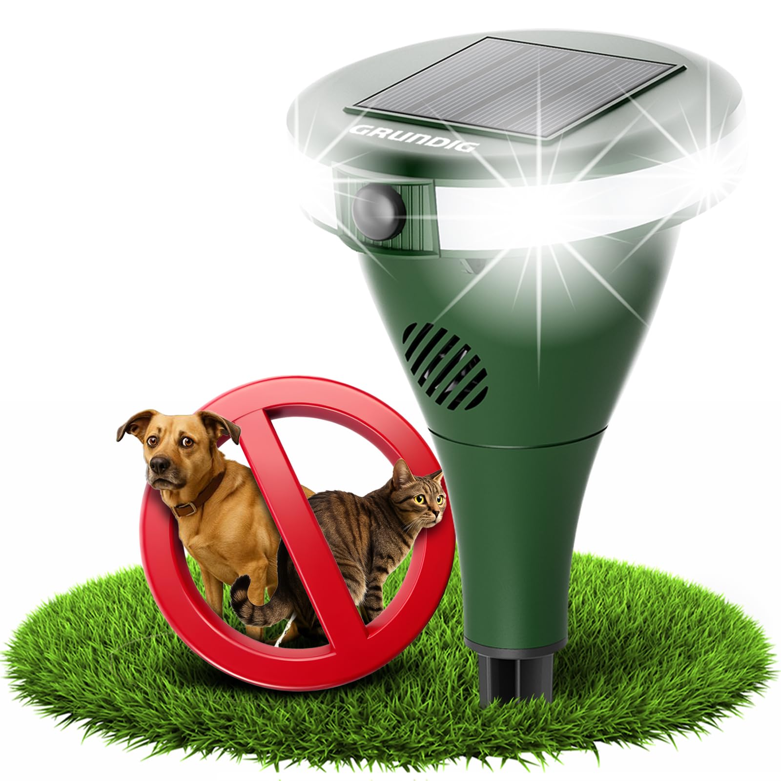 GRUNDIG perfekte Ultraschall Abwehr gegen Katzen und Hunde im Garten - 360 Grad Katzenschreck Hundeschreck Bewegungsmelder mit 8 Blitzlichtern, 2 Frequenzbändern, Solar, Akku, IP44 wasserdicht (Gerät)