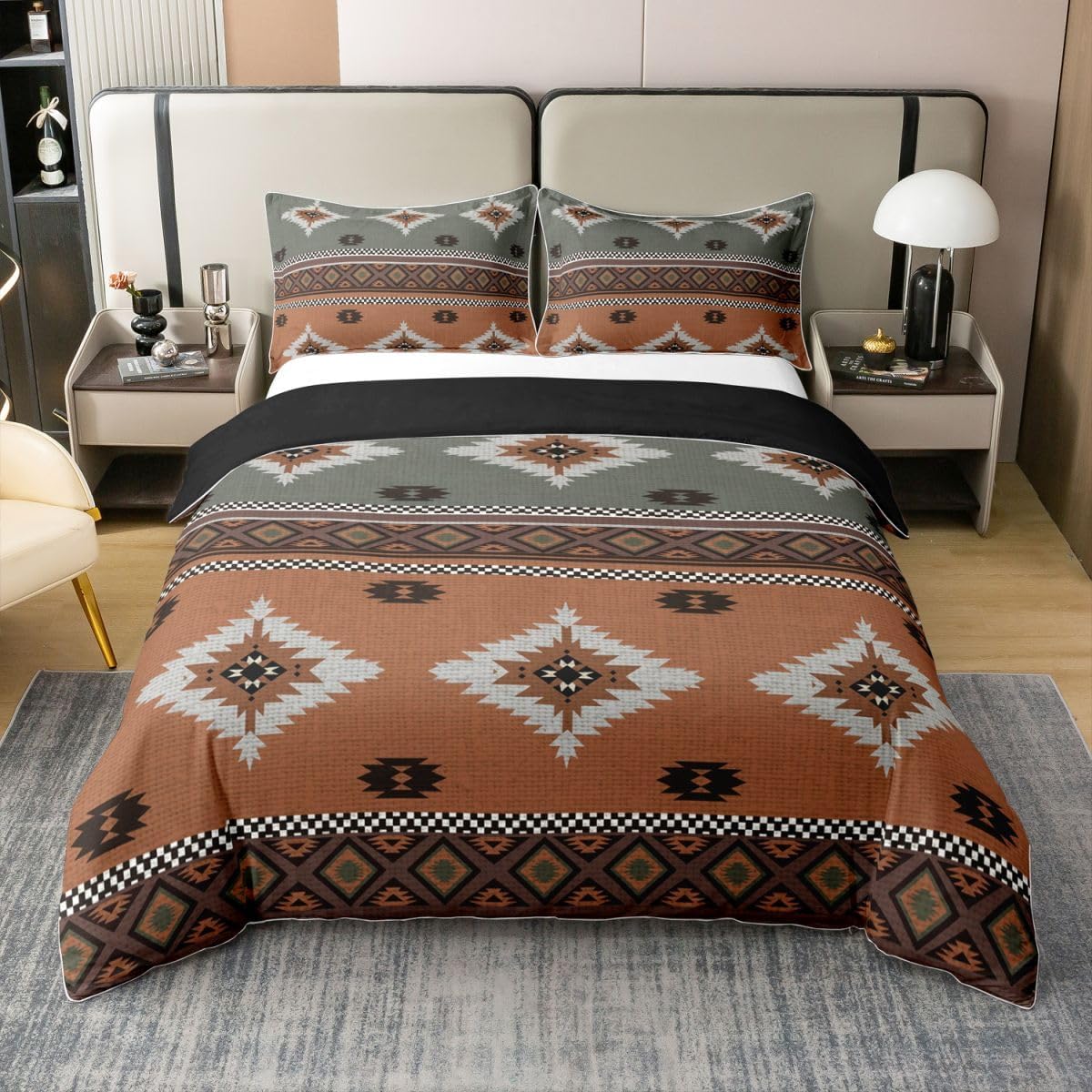 jejeloiu Southwestern Bedding Duvet Cover Set 100% Cotton Queen Size Geometric Pattern Bedding Set Native American Design Comforter Cover Set Tribal Orange Blue Bedspread Cover Bedroom Bedclothes