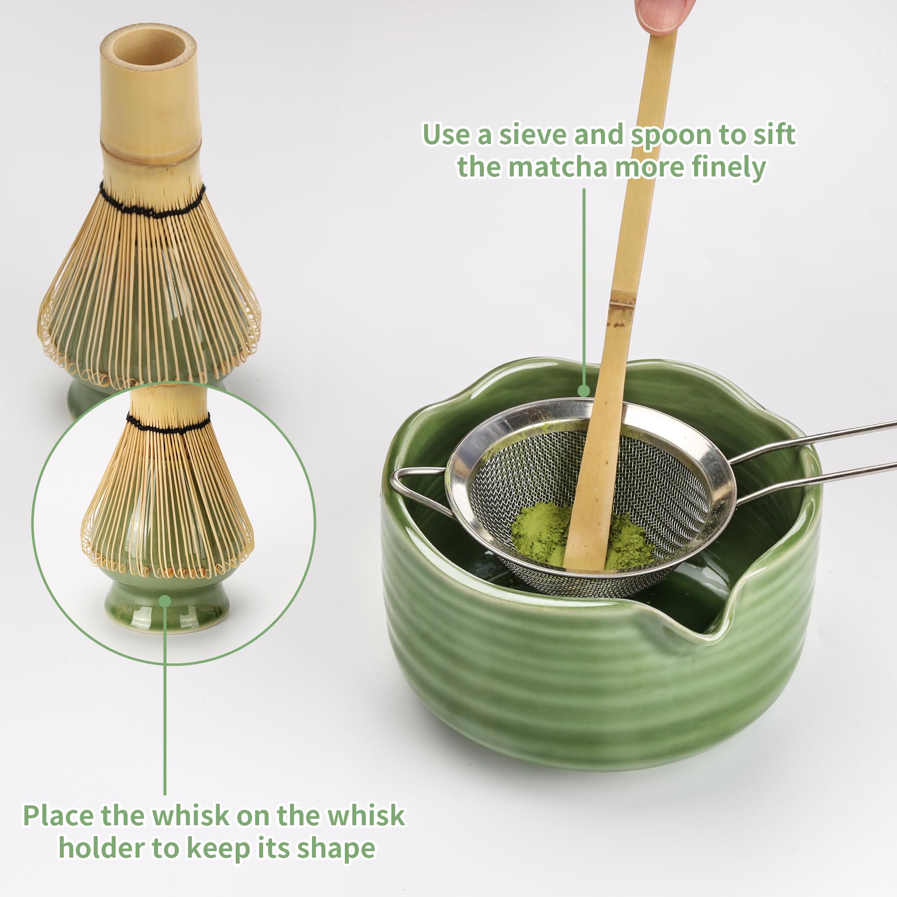 5 Stück Matcha Set mit Matcha Besen, Porzellan Matcha Schale und Besenhalte, Sieb und Löffel, Geschenk für Matcha-Liebhaber, Grün