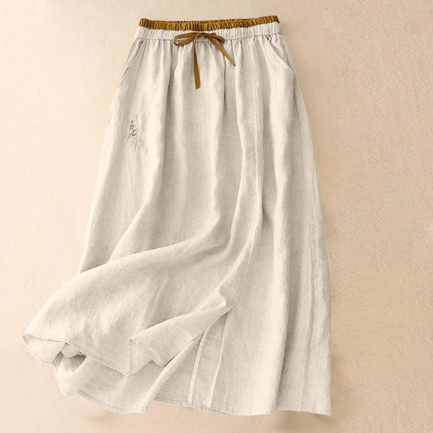 Women's Retro Embroidered Midi Skirt - Loose Cotton Linen Skirts with Elastic Waist, Bohemian Mid-Calf Length Skort