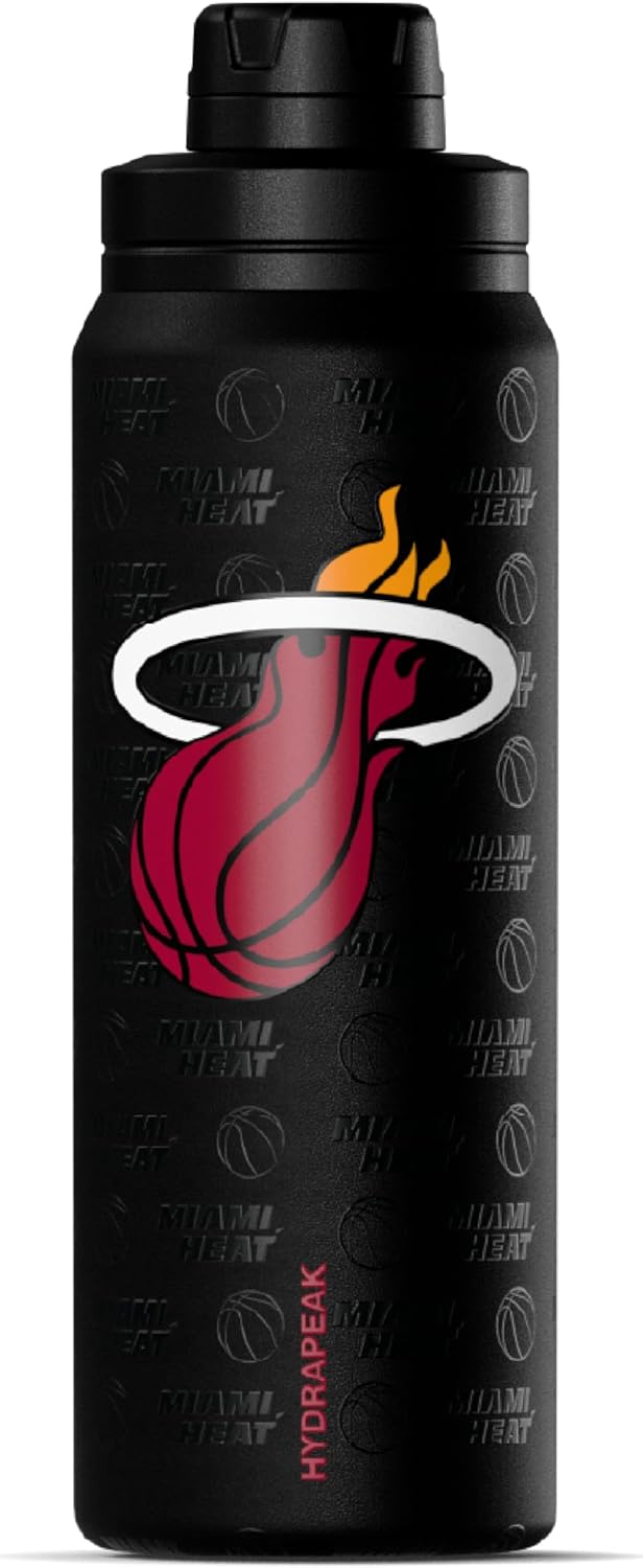 Hydrapeak x NBA Officially Licensed Miami Heat 26 oz Active Water Bottle with Chug Lid and Handle Reusable Stainless Steel Double Wall Insulated Sports Gift
