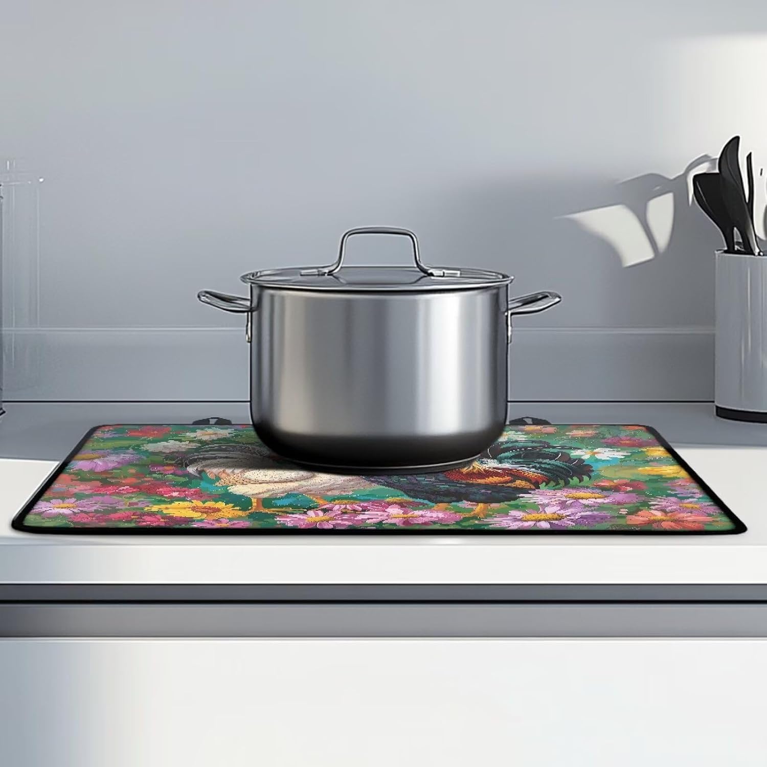 Cock Flower Stove Top Cover for Electric Stove 28.5"X20.5 Heat Resistant Silicone Dish Drying Mat for Protect Kitchen Counter Surface and Prevent Scratching