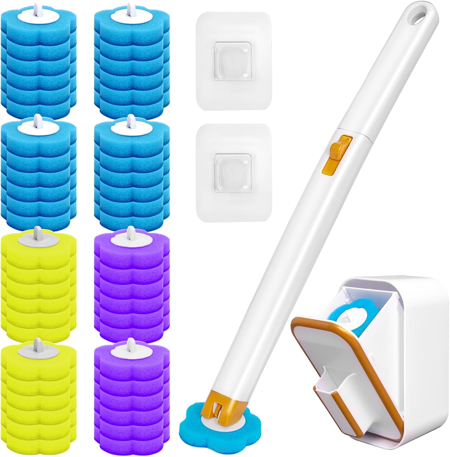 Disposable Toilet Brush with 48 Cleaner Refills, Toilet Brush Disposable with Wall Mounted Holder and Extended Handle for Showers and Bathroom Cleaning