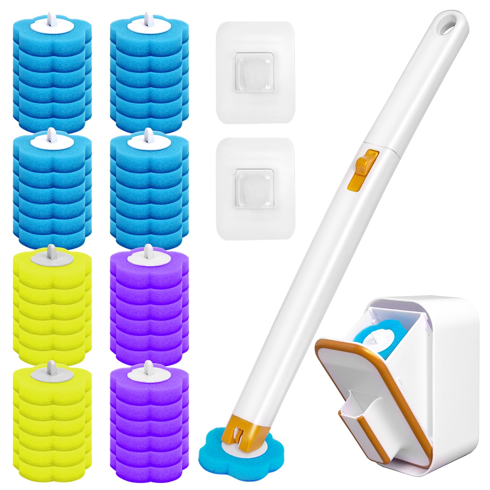 Lakudayy White、Blue Disposable Toilet Brush With 48 Cleaner Refills, Toilet Brush Disposable With Wall Mounted Holder And Extended Handle For Showers And Bathroom Cleaning