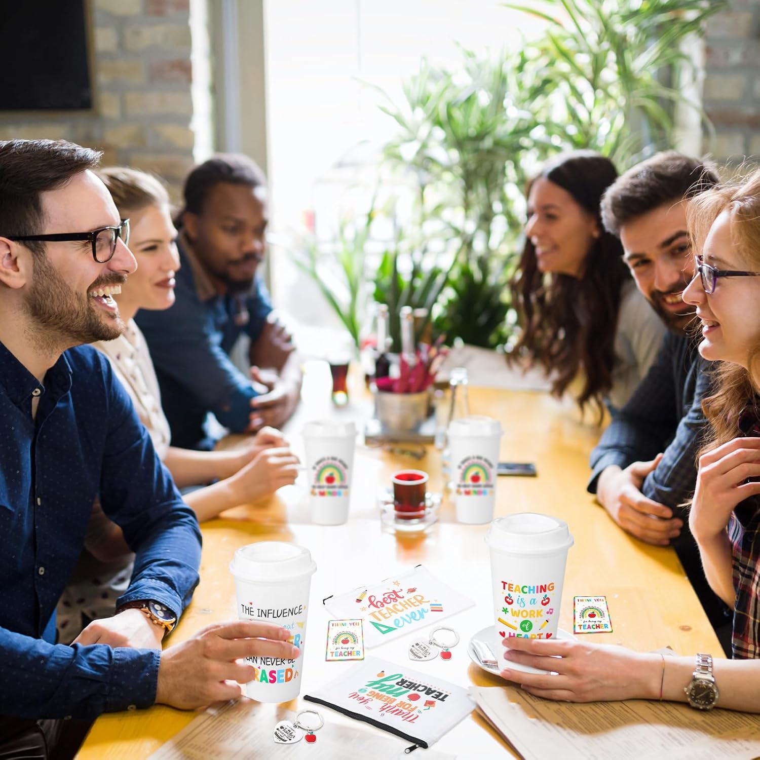 Skylety 24 Pcs Funny Valentine's Day Teacher Appreciation Gifts for Women Teachers Presents End of Year Gifts 16oz Reusable Coffee Cup Makeup Pouch Keychains Greeting Card for Valentine Teacher's Day - Image 5