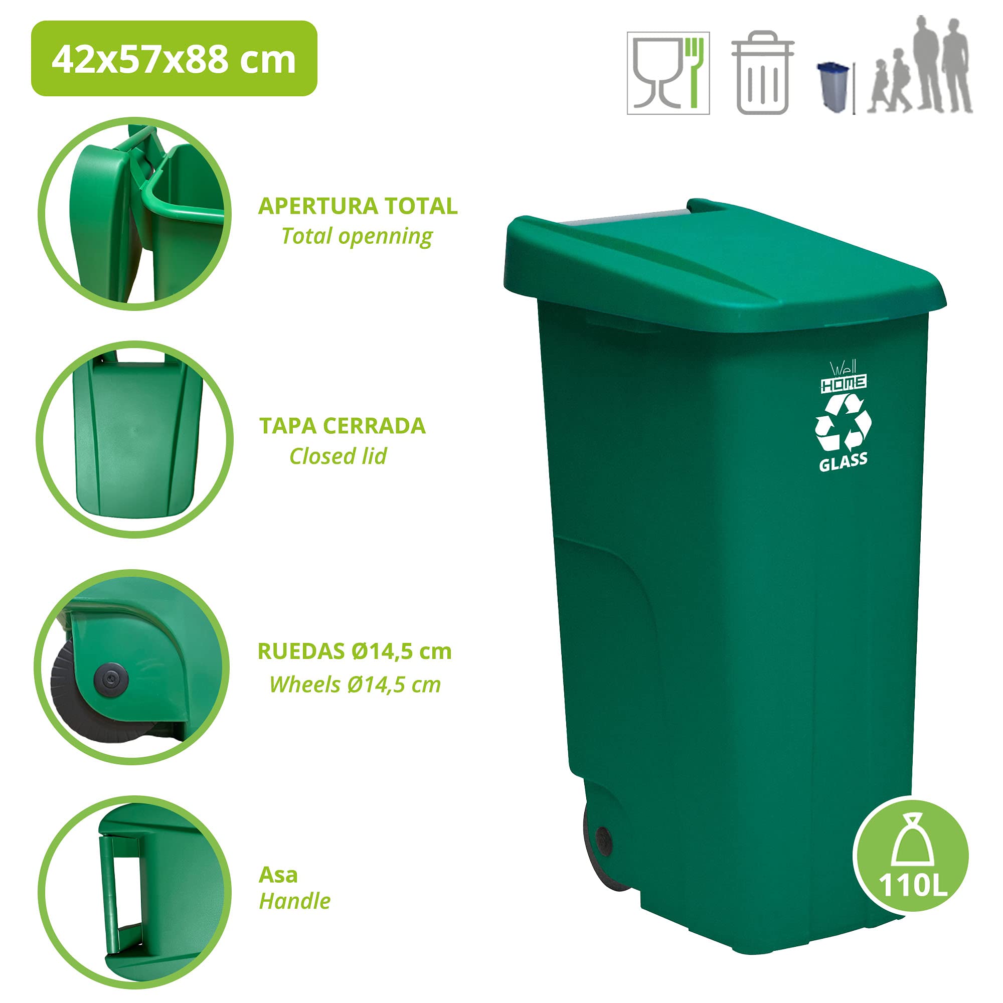 Wellhome Recycle Container 110 litres avec couvercle et roues