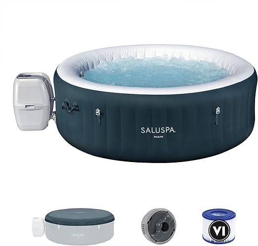 Bestway SaluSpa Miami AirJet 4-6 Person Inflatable Hot Tub Round Portable Outdoor Spa with 140 AirJets and EnergySense Energy Saving Cover, Dark Green