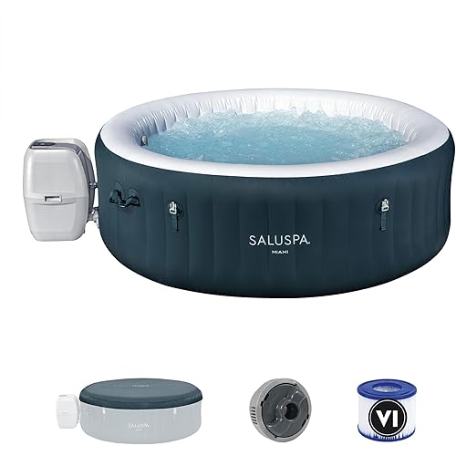 Bestway SaluSpa Miami AirJet 4-6 Person Inflatable Hot Tub Round Portable Outdoor Spa with 140 AirJets and EnergySense Energy Saving Cover, Dark Green