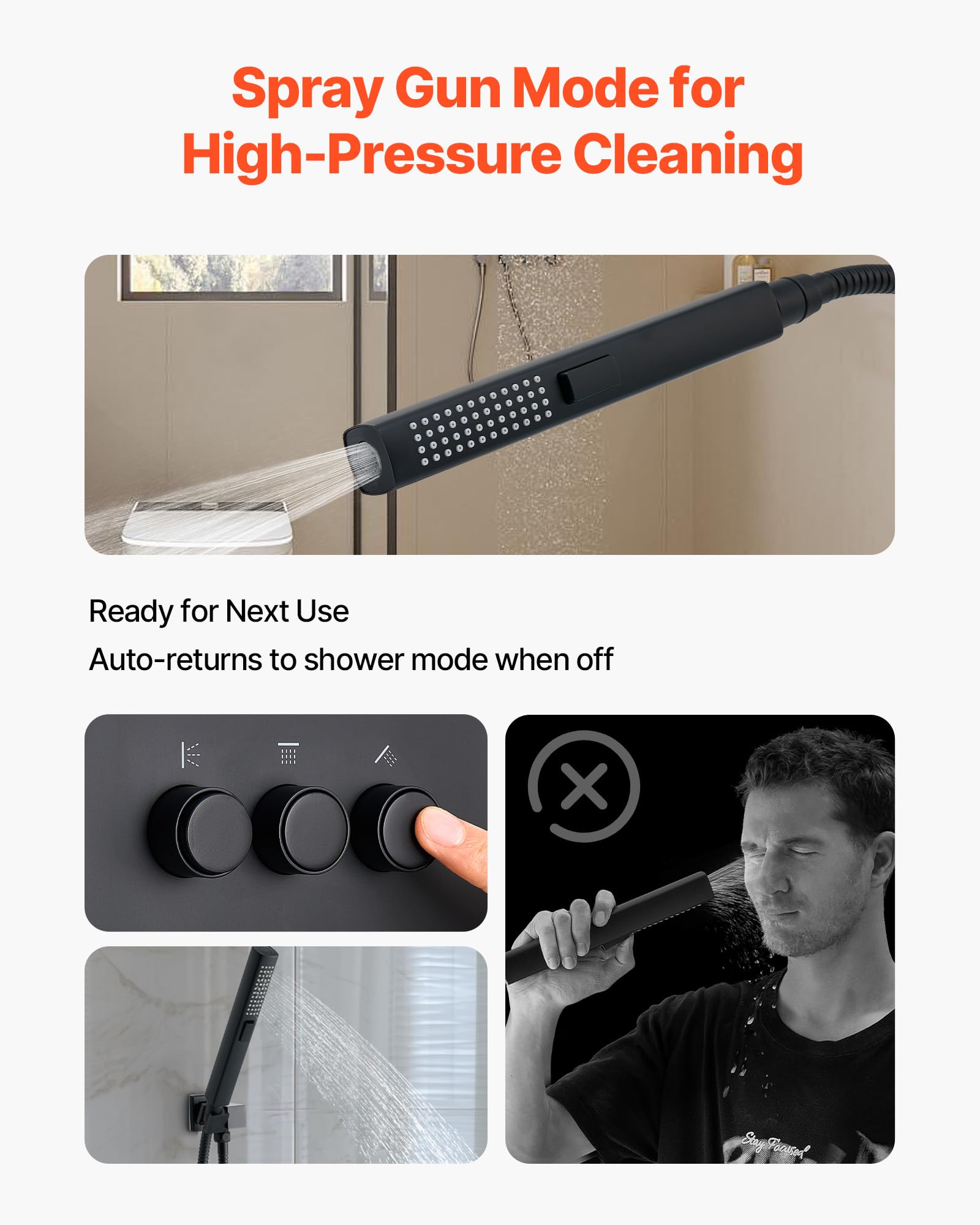VEVOR Sistema de Ducha, Incluye Ducha de Lluvia de 25,4 cm, Cabezal de Pared de 15,24 cm, Cabezal de Lluvia Doble Giratorio 3 Funciones, Válvula de Latón y Kit de Embellecedor, Color Negro Mate