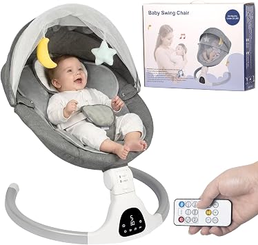JFOVMCYG Electric Infant Swing with Remote Control, 5 Swing Speeds, 3 Seat Positions, 8/15/30 Min Timer, 5-Point Harness, Washable Seat, Stable Frame   Gray