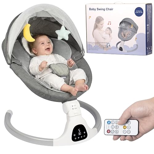 Elektrische Babywippe für Säuglinge bis 9 kg, klappbar, mit Fernbedienung & Bluetooth, Timer-Funktion, 5 Schaukelgeschwindigkeiten, 3 Sitzpositionen (Grau)