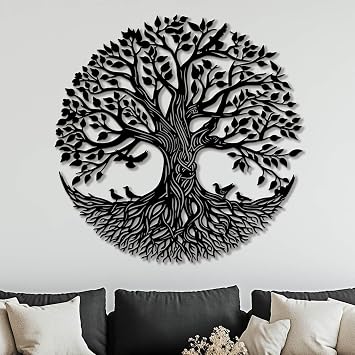 Flewfar Tree of Life Metal Wall Art, Metal Tree of Life Wall Decor, Family Tree Wall Art for Living Room, Indoor Outdoor Decoration, Large Tree of Life Metal Wall Art Black, 19" x 19" / 47 x 47cm