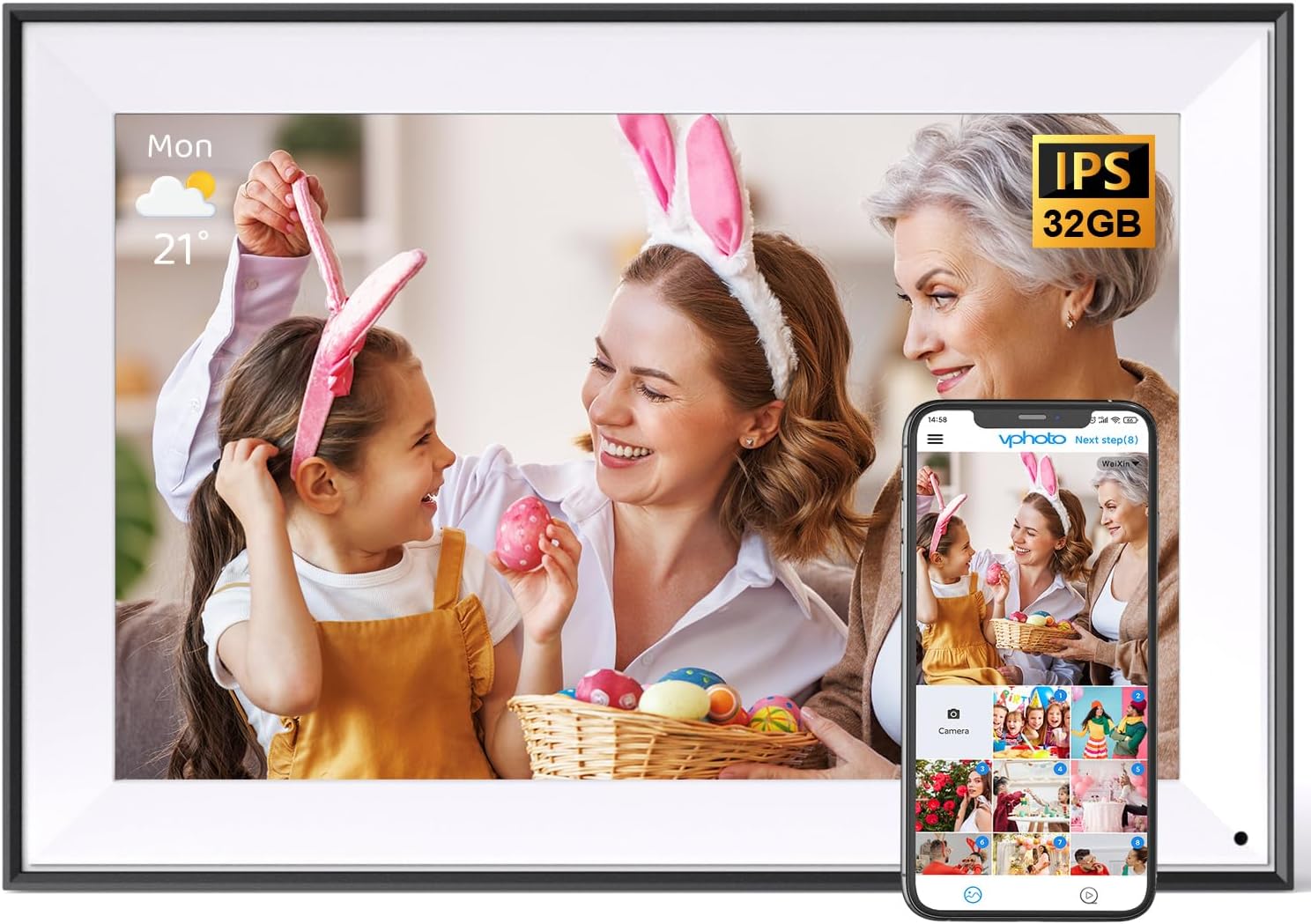 WiFi Digital Picture Frame 10.1-Inch-Digital-Calendar - Electronic Picture Frame with 1280x800 IPS Touch Screen, 32GB Memory, Send Pics and Video via App Email, Free Cloud Storage, Gift for Mom