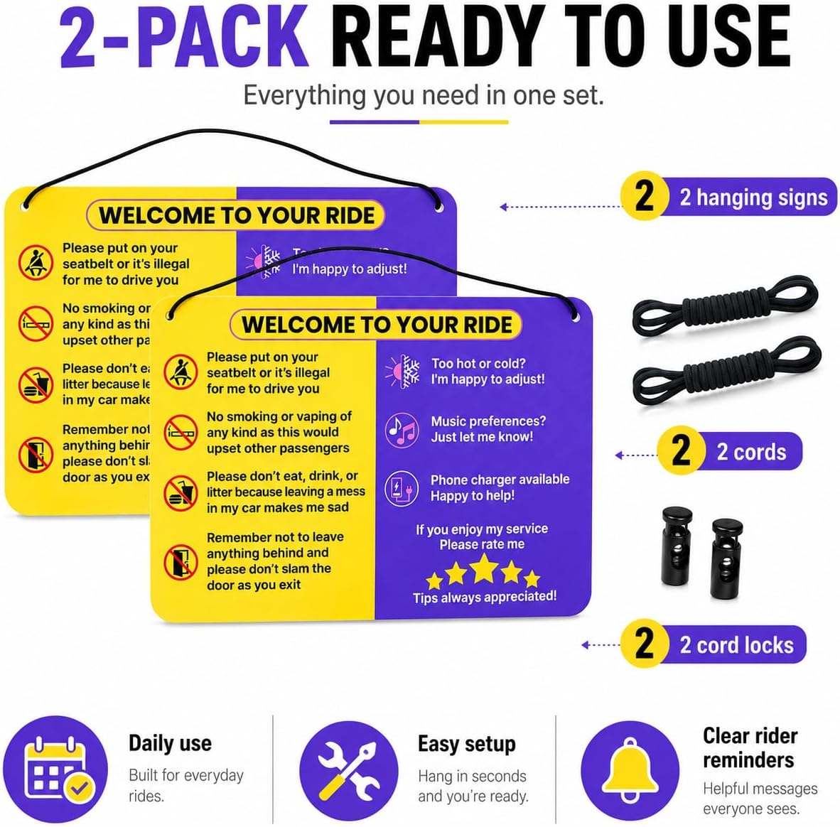 NIVRANA Rideshare Car Sign 2-Pack – Friendly Passenger Rules Sign for Uber, Lyft & Taxi Drivers, Seatbelt, No Smoking, No Food, Phone Charger, Rating & Tip Reminder Customer Relations, Higher Ratings and More Tips, Accessory for Rideshare Drivers image 5