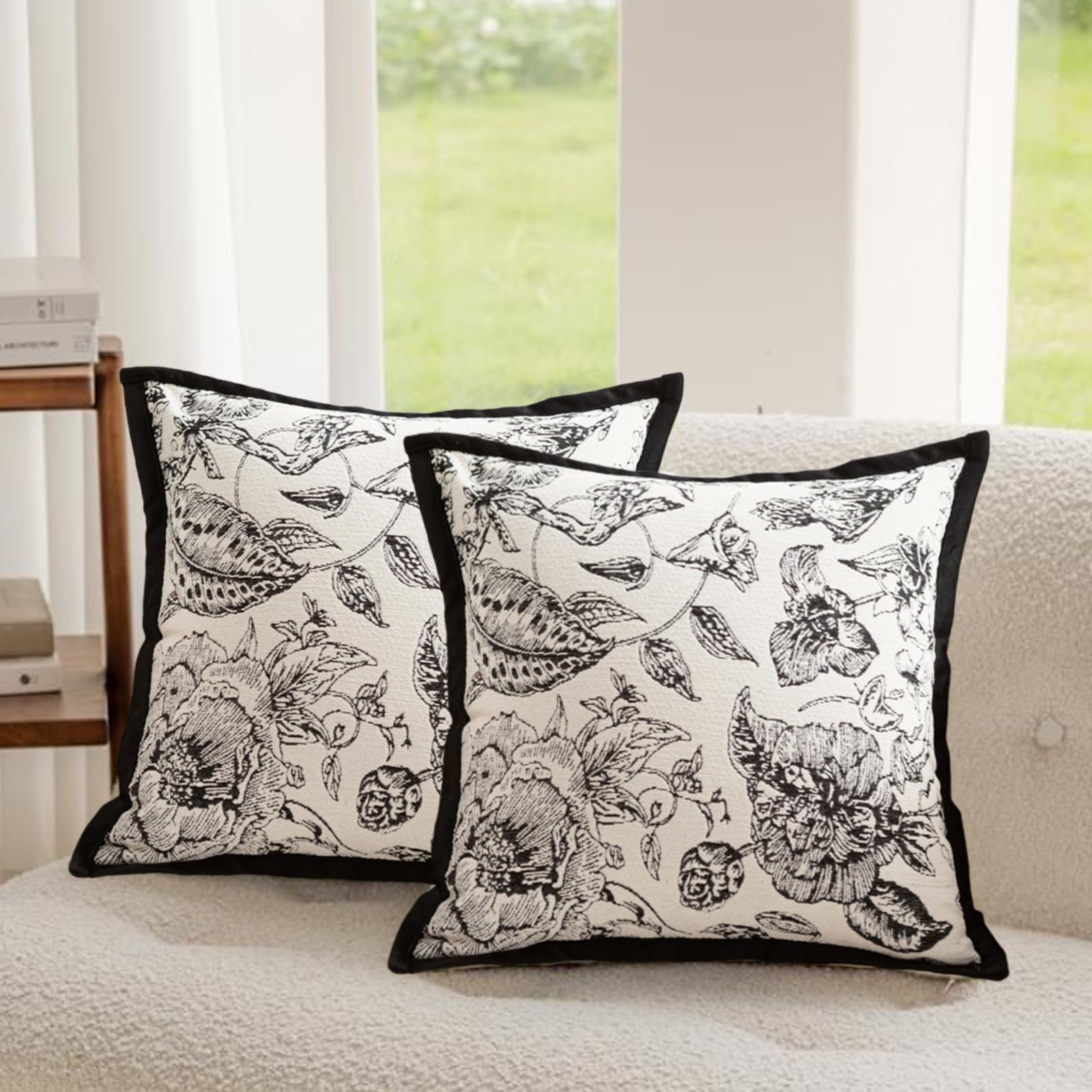 Traziewell Floral Cushion Covers 45cm x 45cm Sofa Living Room Set of 2 Square Throw Pillow Cases 18 x 18 Inches Decorative Chenille Flowers Pillowcase Black 805 — image 1