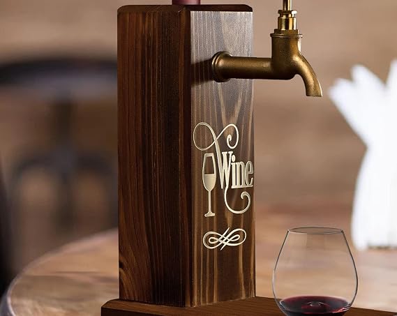 Bk Gift Natural Wooden Drink Stand with Custom Wine Printed Faucet, Drink Fountain, Birthday Gift, Home Gift, Beverage Dispenser