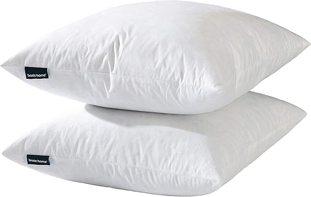 basic home 22x22 Decorative Throw Pillow Inserts-Down Feather Pillow Inserts-Square-Cotton Fabric-Set of 2-White.