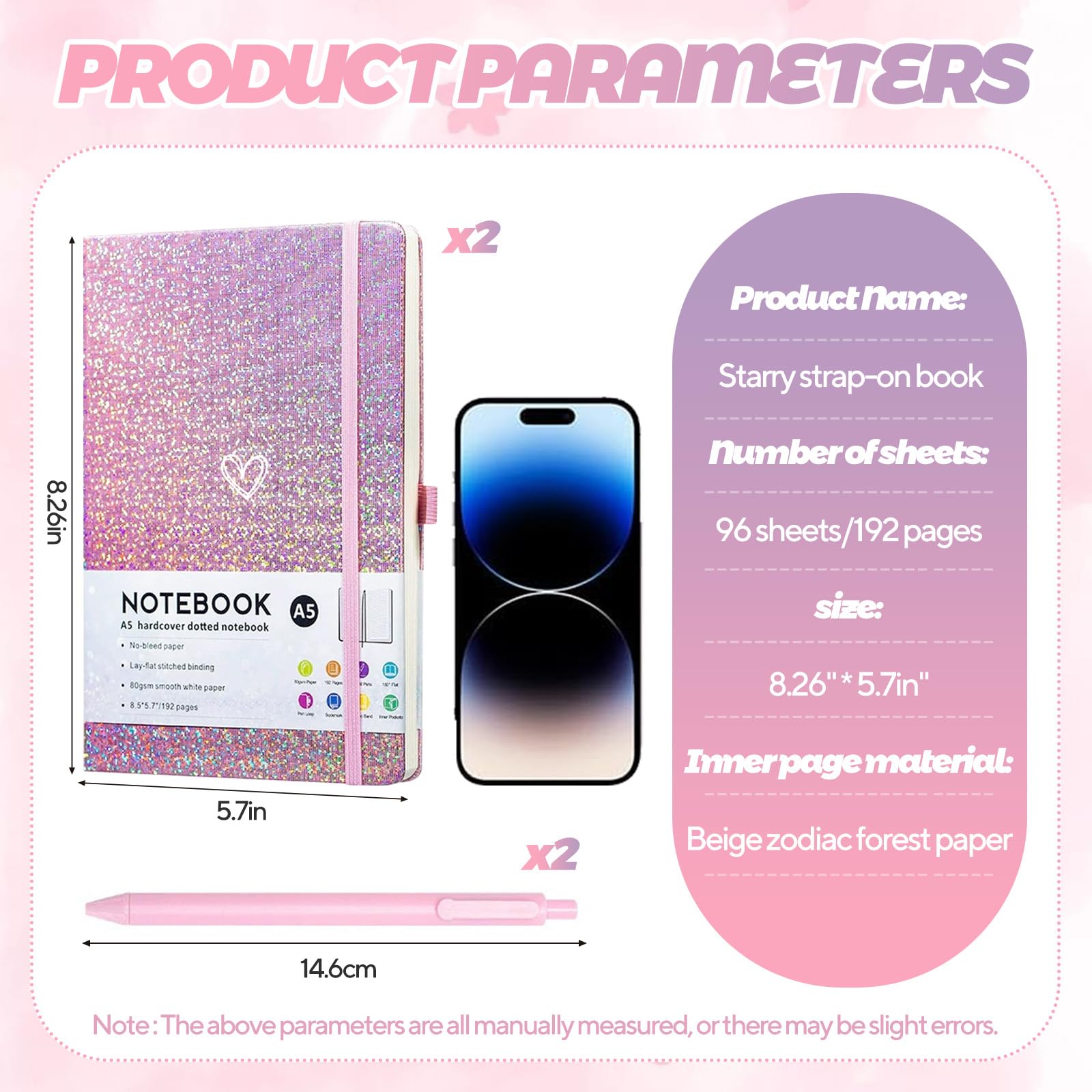 SIMDAO 2 Pack Glitter A5 Pink Notebook, PU Leather Hardcover, 2 Notepad with Elastic Band & 2 Pen, Valentine's Day Gifts for Girls Women, Girls Diary, Heart Shaped Lined Journal for School Work Note - Image 2