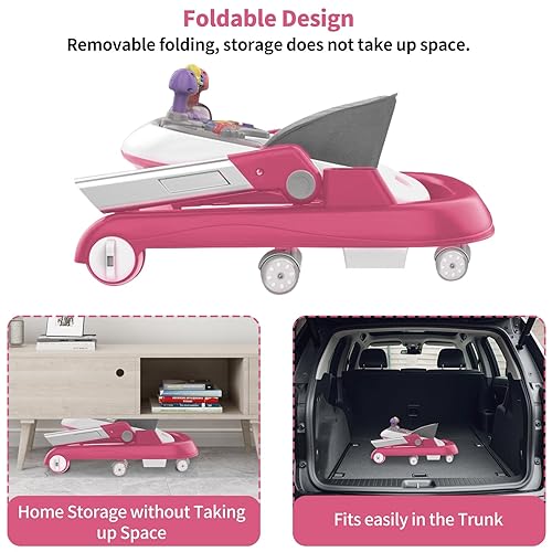 Miniatura 4 de Andador de bebé (rojo rosa) - Andador de bebé plegable ajustable de altura de 6 engranajes y centro de actividades, andador de bebé con ruedas,