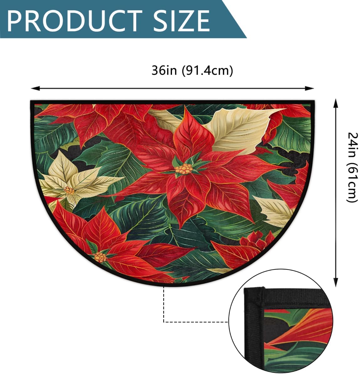 Half Round Door Mat Poinsettia Christmas Decorate Non Slip Absorbent Semi Circle Area Rugs Washable Half Moon Floor Mats for Indoor Patio Kitchen Bathroom Entryway Fireplace Home Carpet Decor